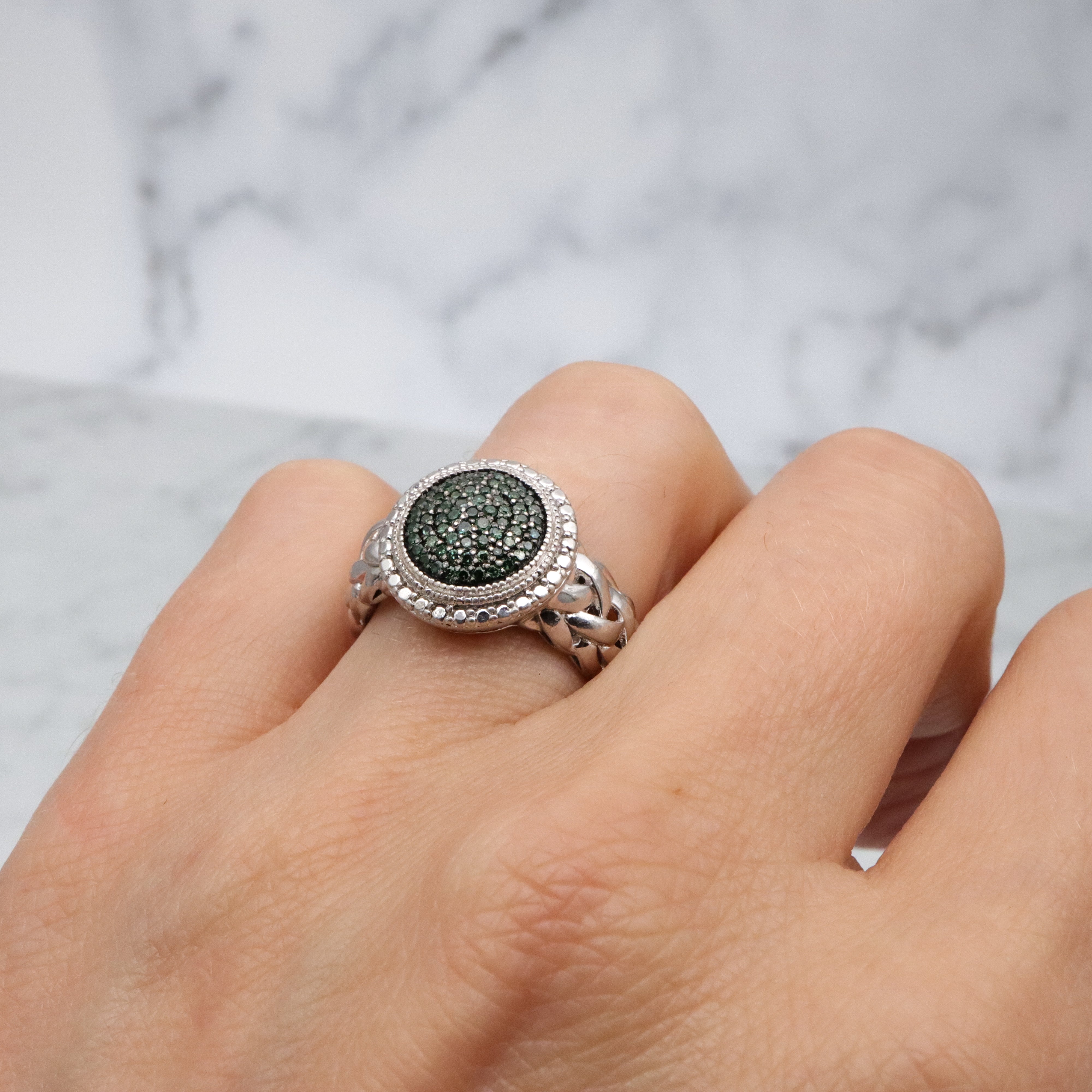 Retro Joseph Schmid green diamond braided sterling ring, size 8